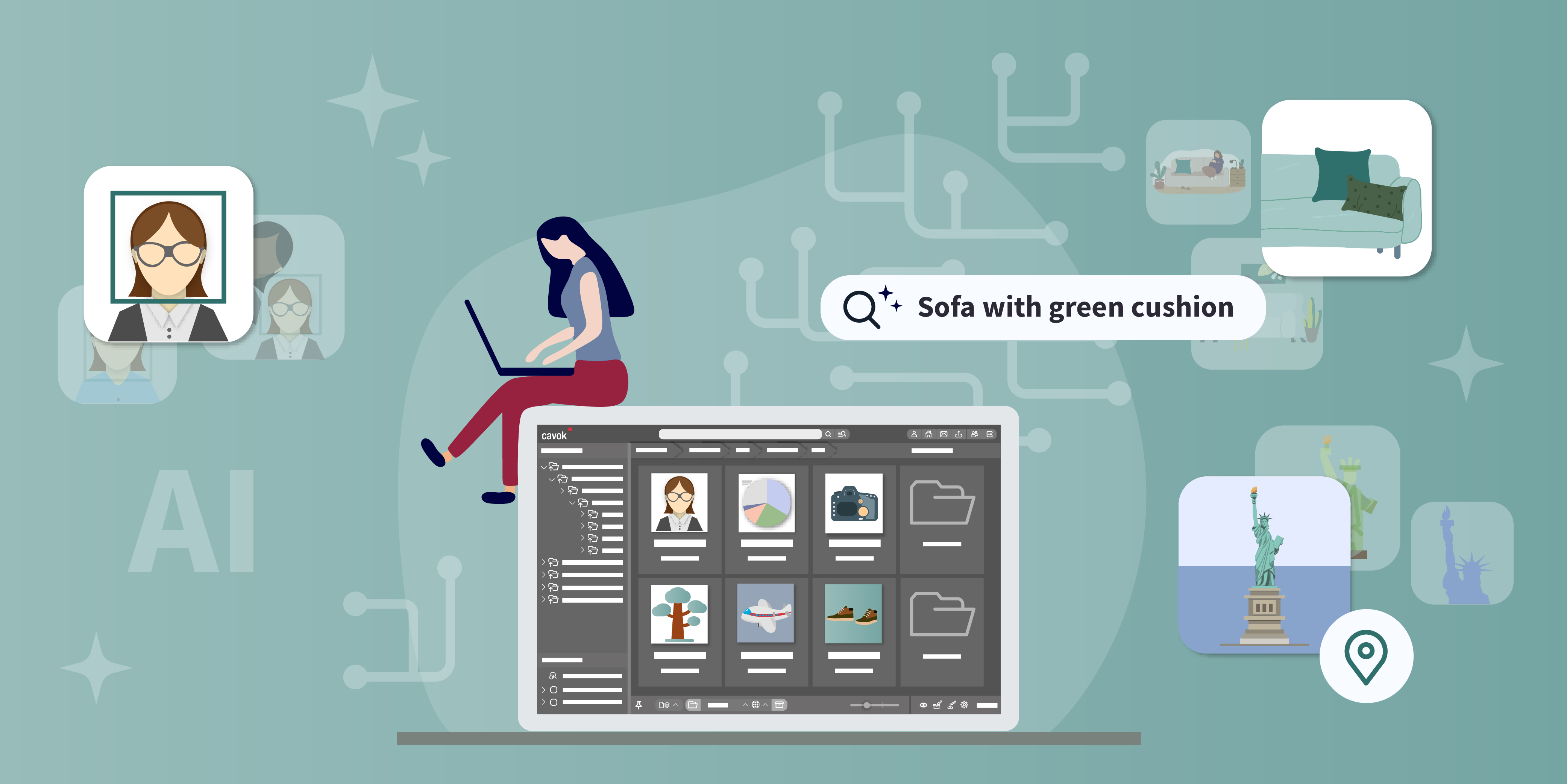 AI-Option illustrationwith 3 icons which show diverse functions how facial recognition, fre-tetx-search and GEO  tagging.