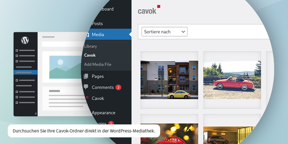 Durchsuchen Sie Ihre Cavok-Ordner direkt in der WordPress-Mediathek.